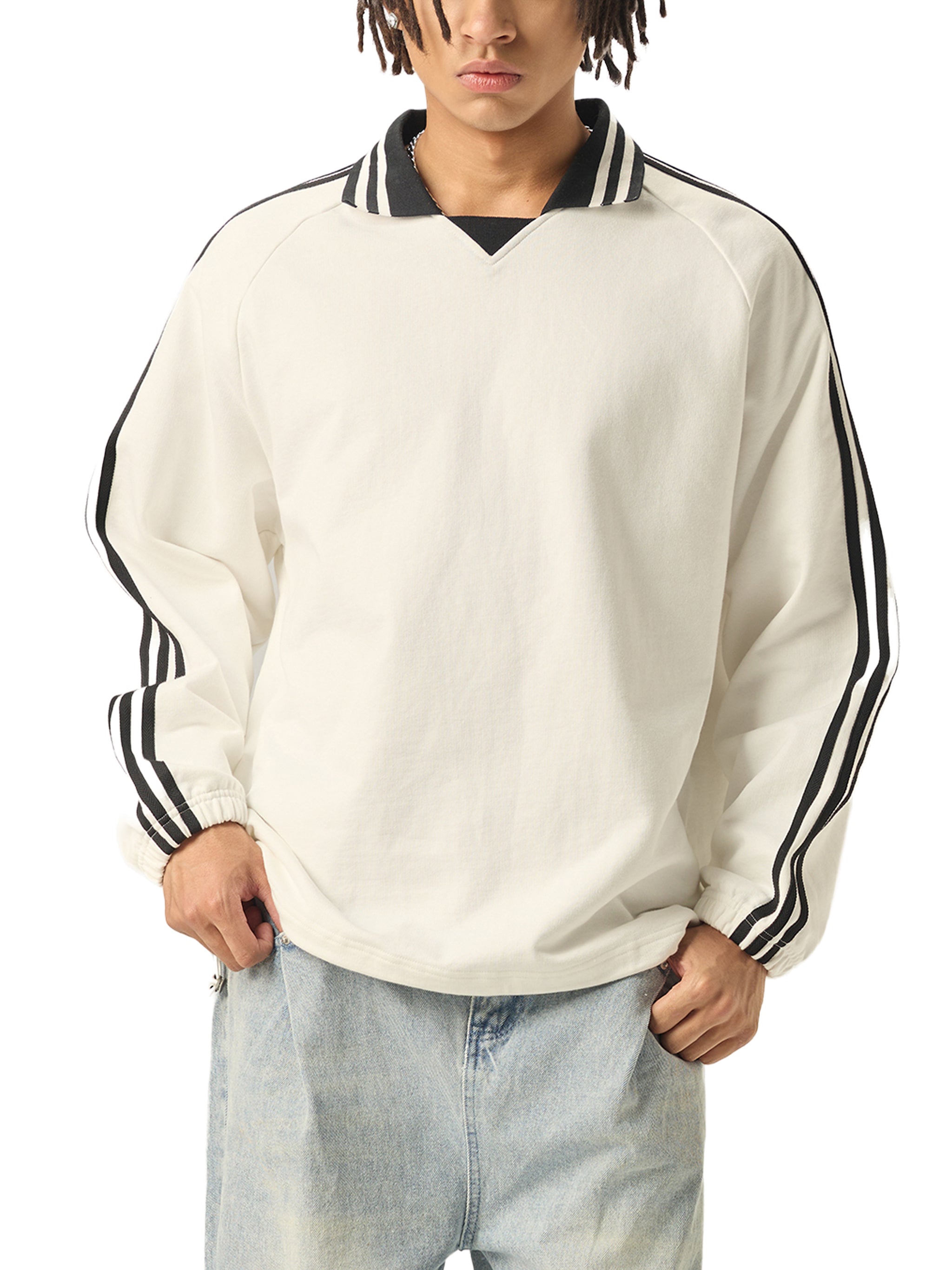 Urban Prep Striped Lapel Collar Sweatshirt